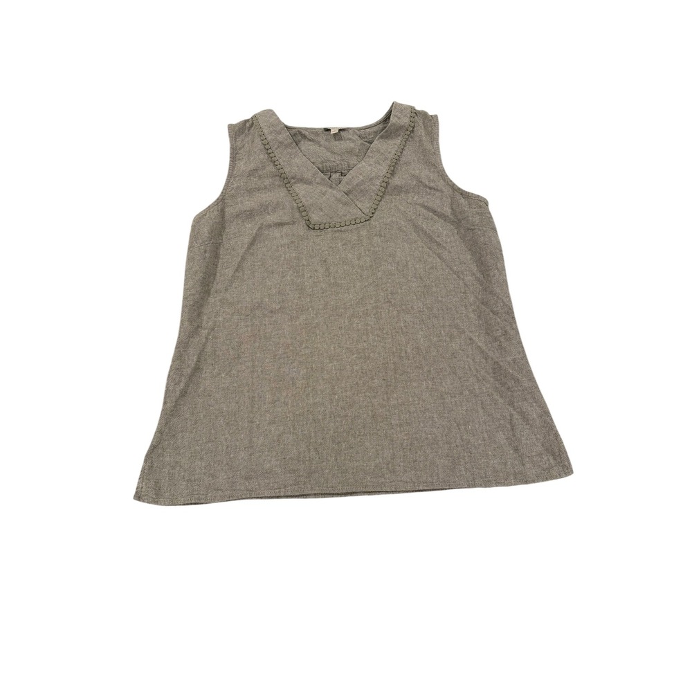 Talbots Womens Medium Linen Cotton Blend Sleeveless V-Neck Top Green Pom Trim‎